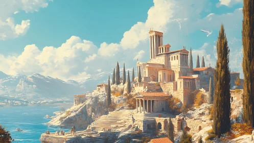 Sunlit neoclassical cliffside acropolis rendered in digital paint