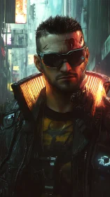 Augmented mercenary in neon rain with high-spec cybernetic visor