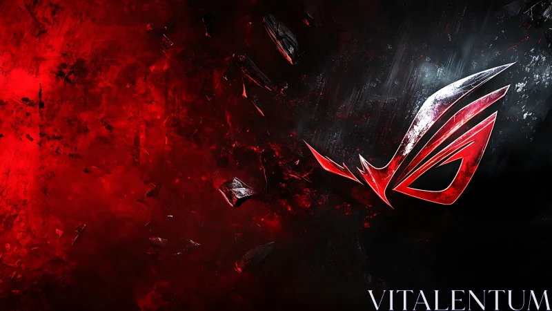 Fragmented red emblem on high-contrast textured digital field