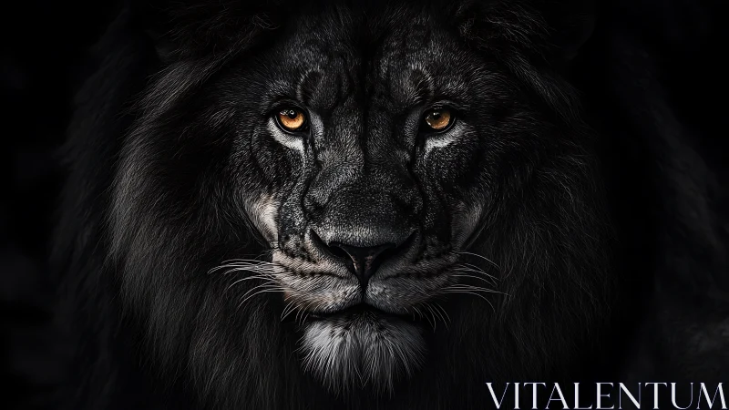 Midnight lion monarch with ember-gold watching eyes.