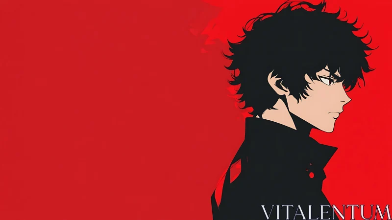 Black haired anime boy in profile on flat red background