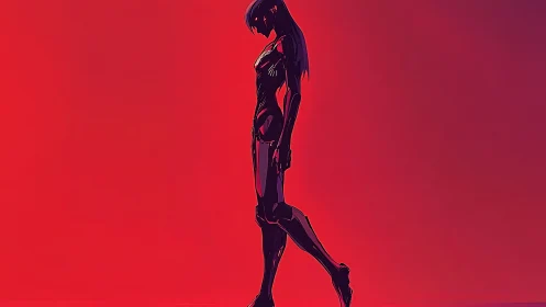 Silhouetted cybernetic woman walks alone on red gradient