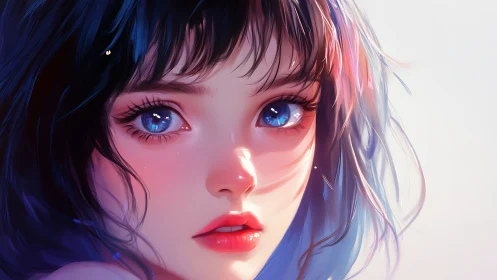 Close digital portrait of young woman with blue eyes.