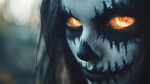 Haunting jack-o&rsquo;-lantern visage with blazing molten eyes.