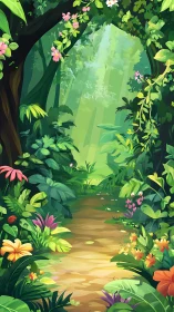 Enchanted Forest Pathway Through Verdant Garden Landscape.