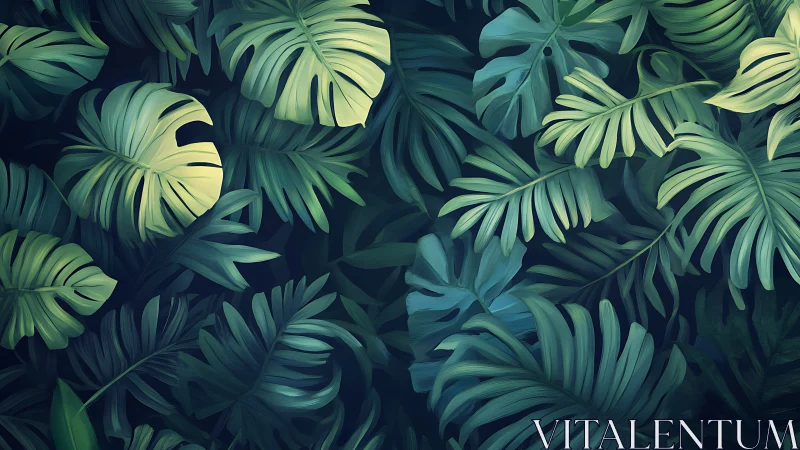 Layered monstera foliage rendered with soft digital gradients