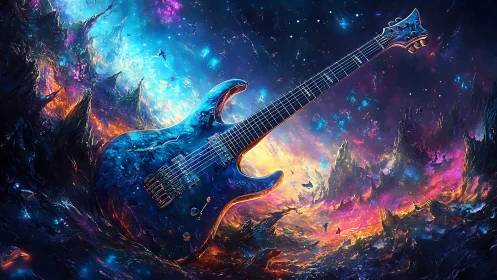 Electric guitar adrift in blazing cosmic nebulae landscape.