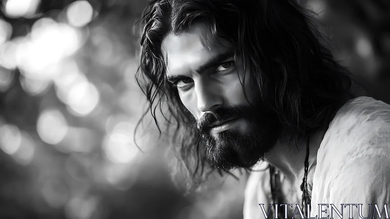 Intense bearded man in moody black and white portrait.