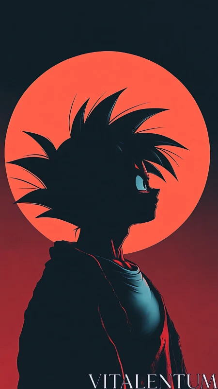 Quiet anime hero silhouetted against a blazing red moon.