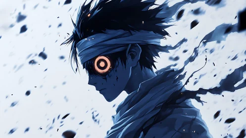 Bandaged seer in swirling blue ash with burning spiral gaze.