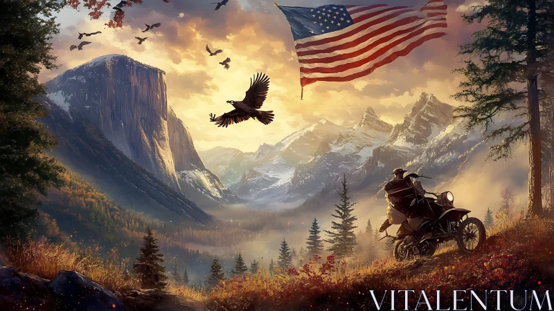 Motorcyclist surveying alpine valley beneath soaring flag.