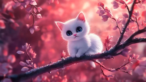 Adorable White Kitten Perched Among Rosy Spring Blossoms.