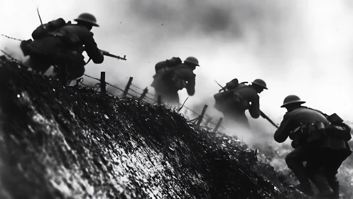 WWI infantry assault on muddy slope under heavy battlefield smoke