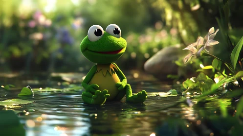Sunlit frogling pauses mid-pond to practice tiny serenity