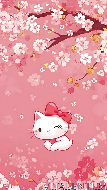 Playful white kitten winks amid dreamy cherry blossoms