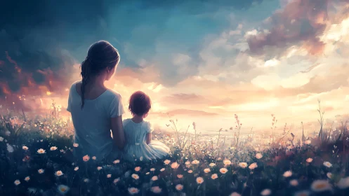 Mother and child sharing a quiet sunset in wildflower glow.