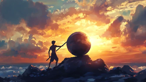 Sunset climb with a lone dreamer and a silent stone.