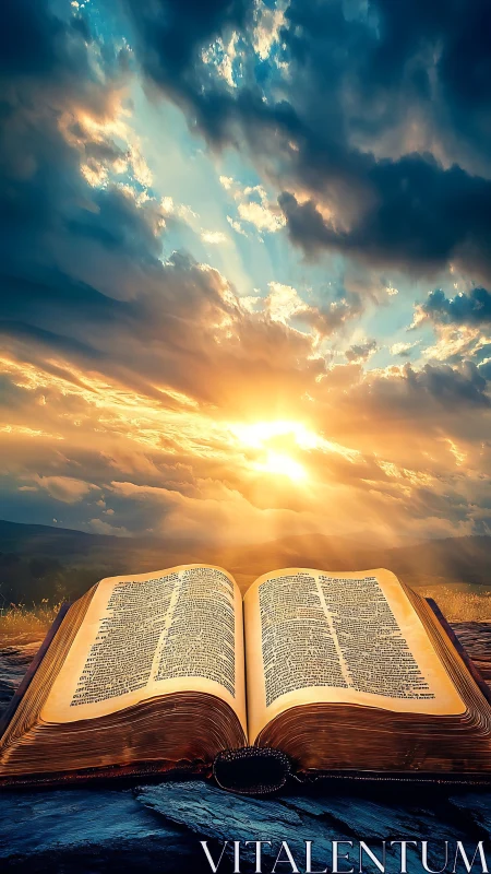 Ancient open Bible catches golden sunrise over horizon.