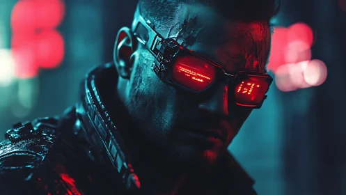 Neon city wanderer in glowing cyberpunk visor at night.