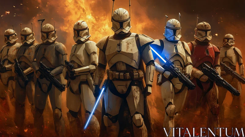 Armored sci fi soldiers advance through burning battlefield