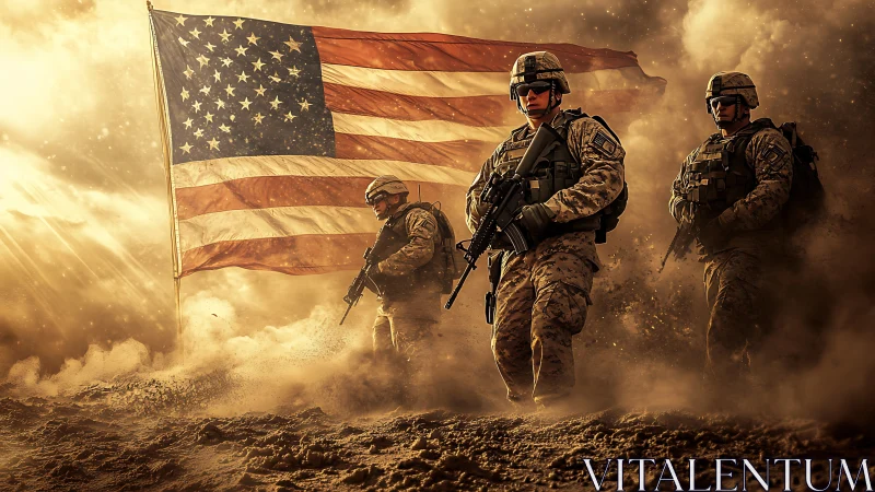 Modern infantry squad advancing through desert dust, US flag backdrop