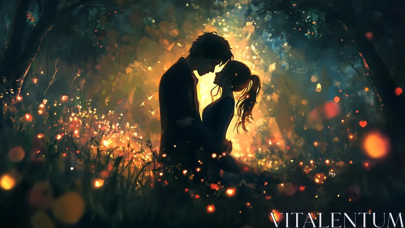 Silhouetted couple amid glowing particle field.