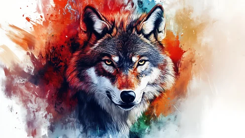 Vivid wolf portrait against explosive abstract color field.
