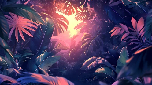 Illuminated Tropical Foliage with Bright Central Light Source