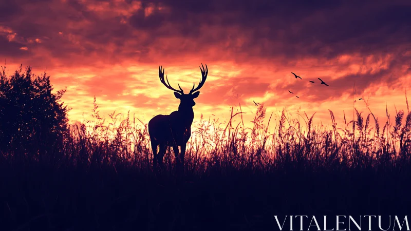 Silhouetted stag at dusk in high-contrast landscape framing.