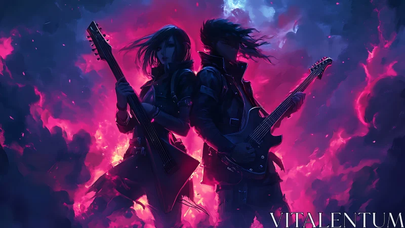 Electric guitar duo glowing in neon storm of pink and blue.