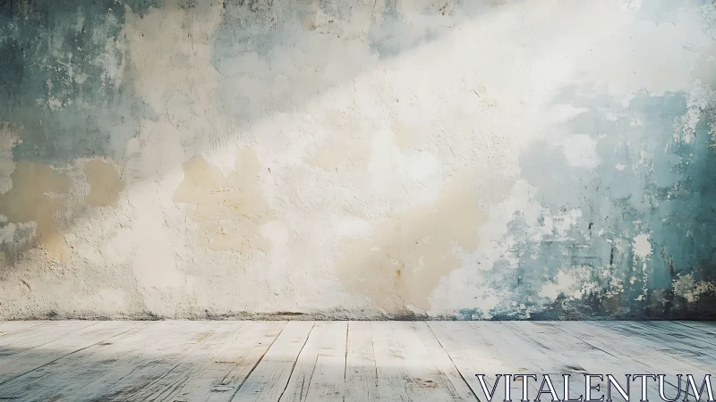 Weathered plaster wall with sunlit wooden floor interior.