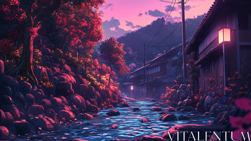 Twilight river village under pink sky in anime style.