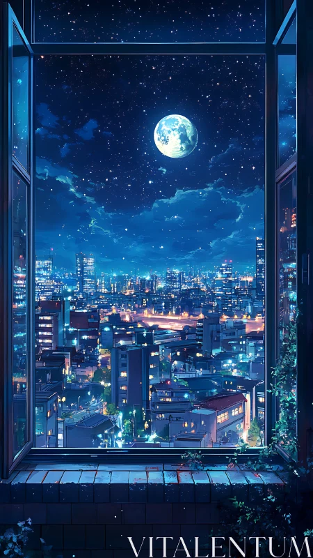 Anime night cityscape framed by open window and full moon.