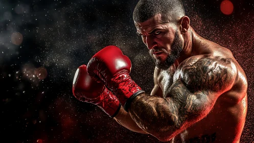 Professional Boxer in Red Gloves Ready for Combat.