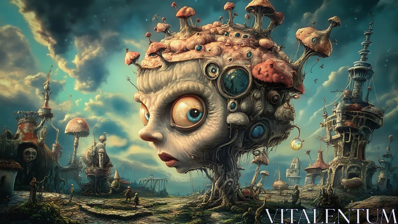 Mushroom-eyed skywatcher drifts through a fungal dreamscape