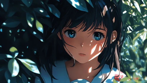 Anime portrait renders dappled light on girl amid dense foliage