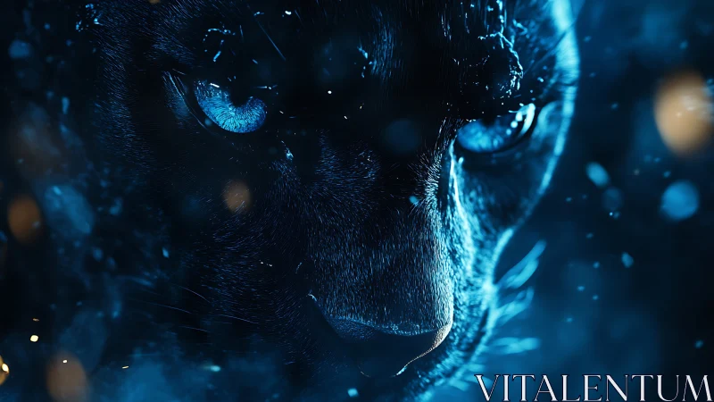 Cinematic close-up renders a blue-lit panther in icy focus