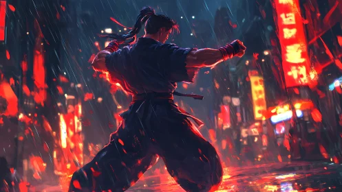 Rain-soaked street warrior ignites neon city showdown night.