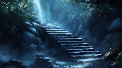 Mystic stone stairway leading into a tranquil forest glow.
