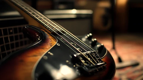 Electric bass guitar close-up with studio background focus.