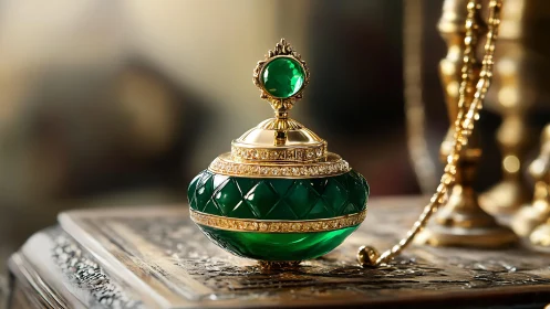 Green cut-glass perfume bottle with gold decorative lid.