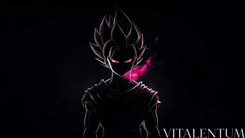 Silhouetted spiky haired figure stands with magenta energy plume