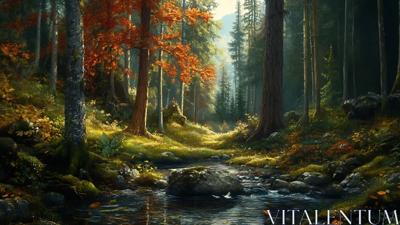 Autumn Forest Stream Through Golden Sunlit Trees.