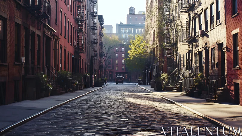 Cobblestone hush beneath morning light in a brick canyon.