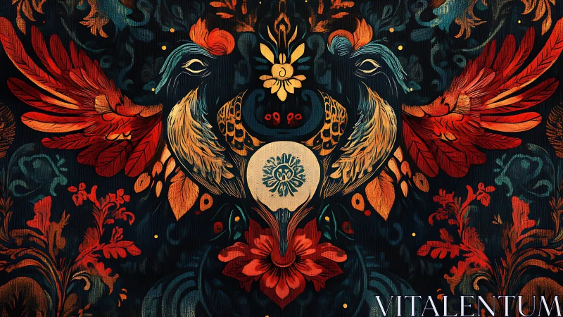 Vibrant Folk Art Birds with Floral Motifs in Symmetrical Design.