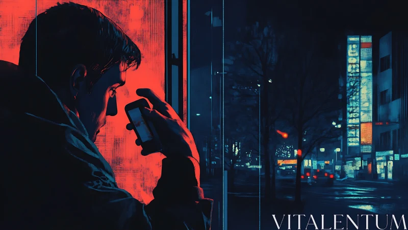 Man studies glowing phone beside neon city window at night