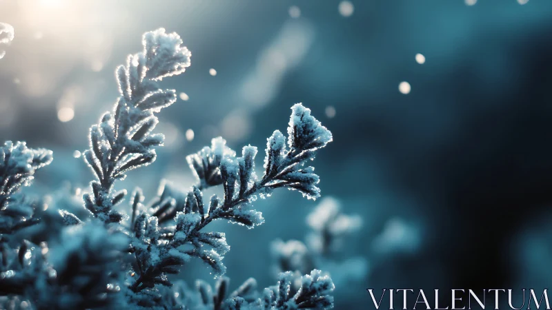 Winter frost on evergreen branch in dreamy soft bokeh glow.