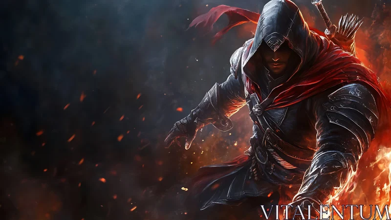 Hooded armored figure advancing through fire and embers.