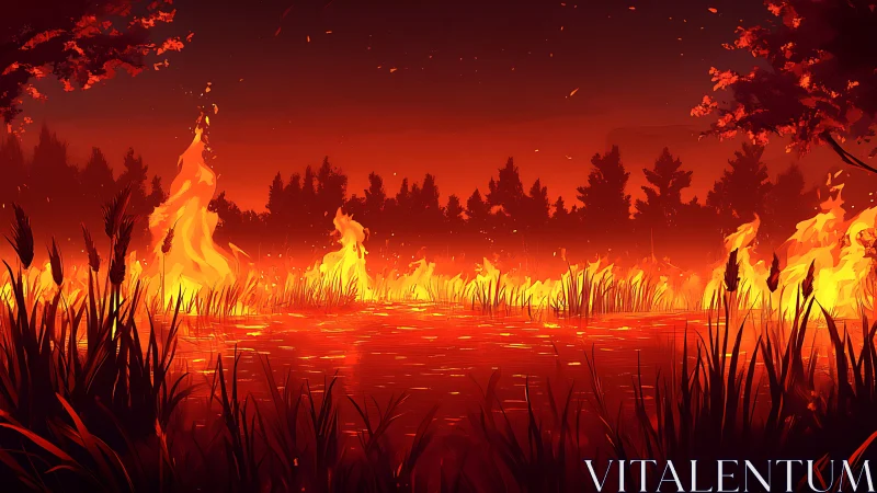 Wildfire Engulfs Marshland Beneath Crimson Sky.