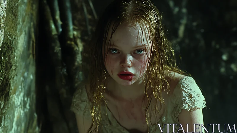 Frightened girl crouches in damp cavern under harsh light